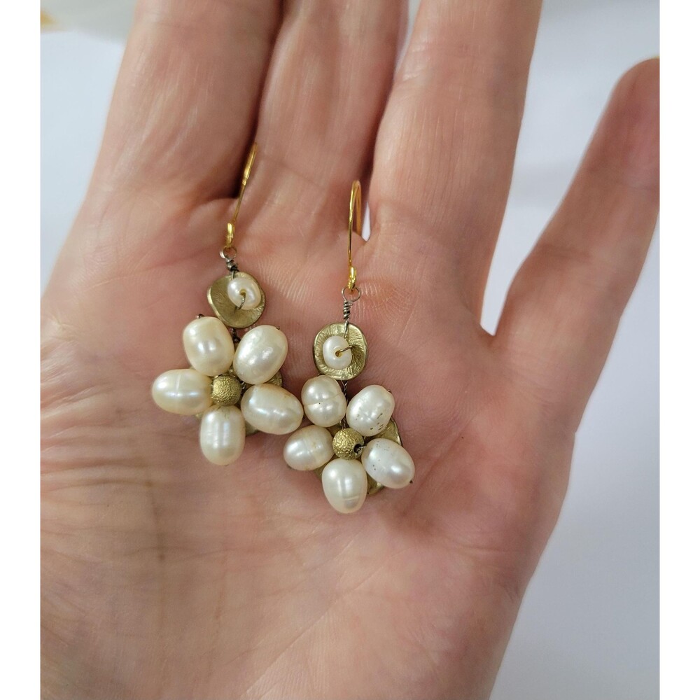 Organic Baroque Pearl Floral Dangles, Unique Mixed Metal Statement Earrings